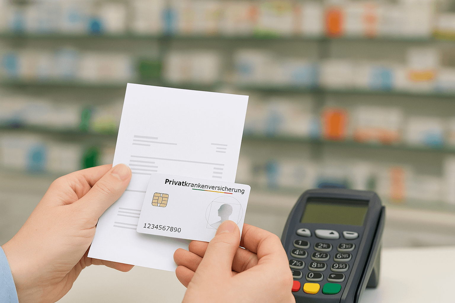 Hände halten eine Privatkrankenversicherungskarte vor einem EC-Kartenterminal in der Apotheke.